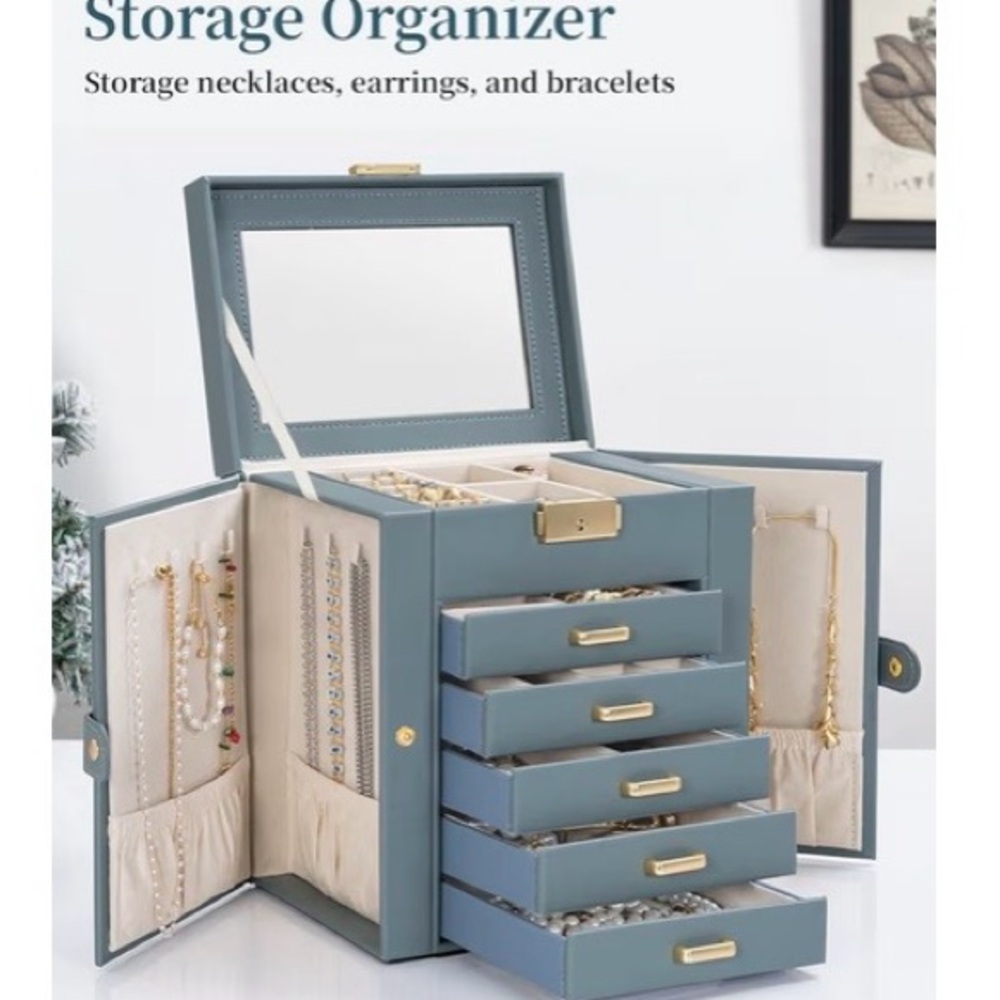Blue Jewelry Storage Box with Drawers and Handle - Picture 2 of 7